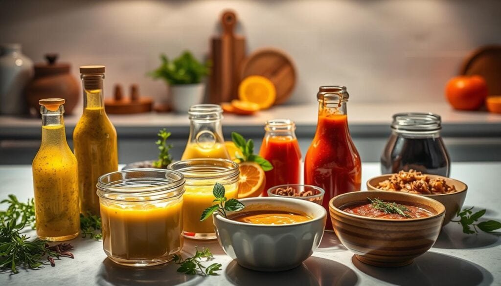 A vibrant arrangement of artisanal sauces and dressings, meticulously crafted with bold, dynamic flavors. In the foreground, glass bottles and ceramic bowls brimming with thick, creamy vinaigrettes, zesty marinades, and savory dips. Shimmering highlights dance across the surfaces, casting a warm, inviting glow. In the middle ground, fresh herbs, spices, and citrus slices add pops of color and texture, suggesting the natural, homemade quality of the condiments. The background is a sleek, modern kitchen counter, with a clean, minimalist aesthetic that allows the sauces to take center stage. Cinematic lighting casts dramatic shadows, heightening the sense of depth and drama. The overall scene exudes a sophisticated, yet approachable atmosphere, perfectly suited to elevate any home-cooked meal.