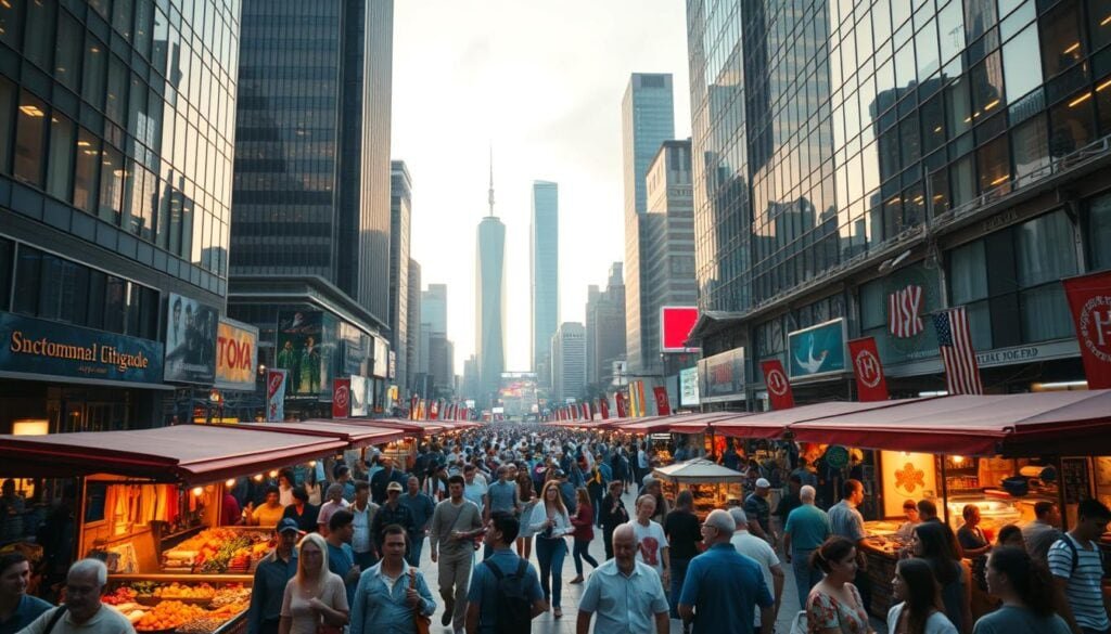 A vibrant city square filled with a diverse community engaged in various cultural activities. In the foreground, a bustling outdoor market with artisanal vendors and lively street performers captivating passersby. In the middle ground, a modern office building with sleek architecture and floor-to-ceiling windows reflecting the energy of the square. The background features iconic landmarks bathed in cinematic lighting, creating a sense of awe and wonder. The overall scene exudes a palpable atmosphere of cultural richness, social interaction, and a dynamic urban lifestyle, all captured in stunning photorealistic 8K detail. A vibrant city square filled with a diverse community engaged in various cultural activities. In the foreground, a bustling outdoor market with artisanal vendors and lively street performers captivating passersby. In the middle ground, a modern office building with sleek architecture and floor-to-ceiling windows reflecting the energy of the square. The background features iconic landmarks bathed in cinematic lighting, creating a sense of awe and wonder. The overall scene exudes a palpable atmosphere of cultural richness, social interaction, and a dynamic urban lifestyle, all captured in stunning photorealistic 8K detail.