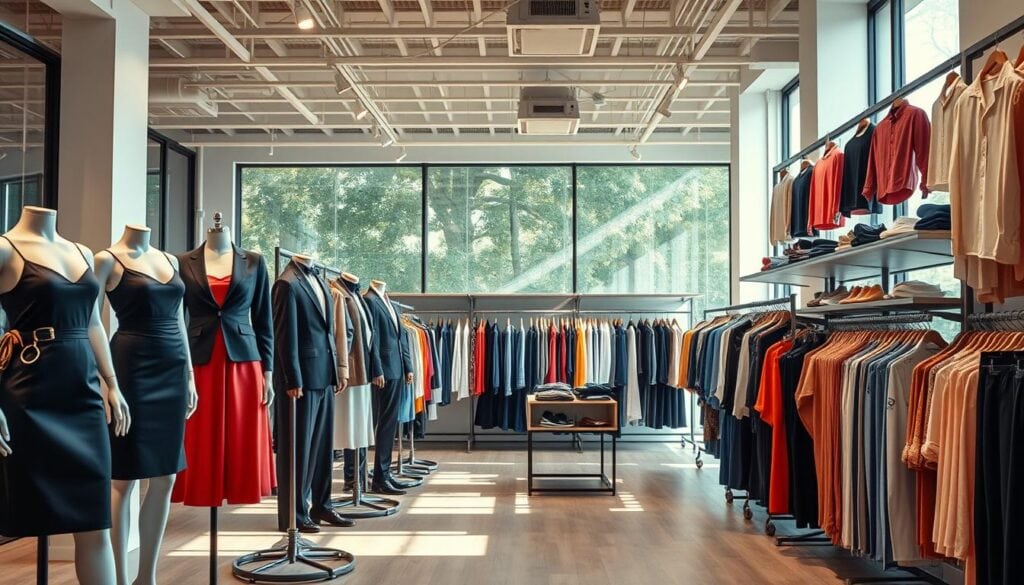 A well-designed showroom filled with a diverse range of fashion apparel products. The foreground features mannequins displaying the latest clothing trends - sleek dresses, tailored suits, and stylish activewear. The middle ground showcases neatly arranged shelves and racks showcasing an array of shirts, pants, and accessories in vibrant colors and patterns. The background depicts a modern, minimalist office setting with large windows, allowing natural light to flood the space and create a warm, inviting atmosphere. Cinematic lighting accentuates the textures and details of the products, creating a sense of high-end, professional presentation. The overall scene conveys a sophisticated, trend-forward vibe that reflects the cutting-edge fashion landscape. A well-designed showroom filled with a diverse range of fashion apparel products. The foreground features mannequins displaying the latest clothing trends - sleek dresses, tailored suits, and stylish activewear. The middle ground showcases neatly arranged shelves and racks showcasing an array of shirts, pants, and accessories in vibrant colors and patterns. The background depicts a modern, minimalist office setting with large windows, allowing natural light to flood the space and create a warm, inviting atmosphere. Cinematic lighting accentuates the textures and details of the products, creating a sense of high-end, professional presentation. The overall scene conveys a sophisticated, trend-forward vibe that reflects the cutting-edge fashion landscape.