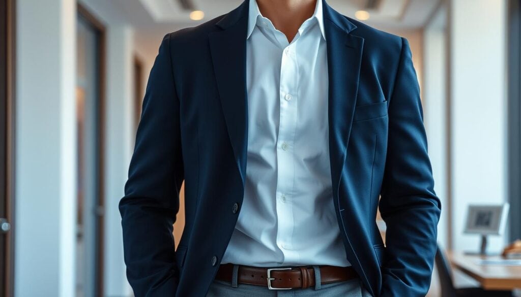 A well-dressed businessman stands in a modern office, his attire a masterful blend of business casual layering. A crisp white dress shirt is topped with a tailored navy blazer, its lapels catching the warm, cinematic lighting. Beneath, a pair of slim-fit grey trousers and polished leather dress shoes complete the ensemble, exuding an air of refined professionalism. The scene is captured in 8K resolution, showcasing every intricate detail of the carefully curated look. A well-dressed businessman stands in a modern office, his attire a masterful blend of business casual layering. A crisp white dress shirt is topped with a tailored navy blazer, its lapels catching the warm, cinematic lighting. Beneath, a pair of slim-fit grey trousers and polished leather dress shoes complete the ensemble, exuding an air of refined professionalism. The scene is captured in 8K resolution, showcasing every intricate detail of the carefully curated look.