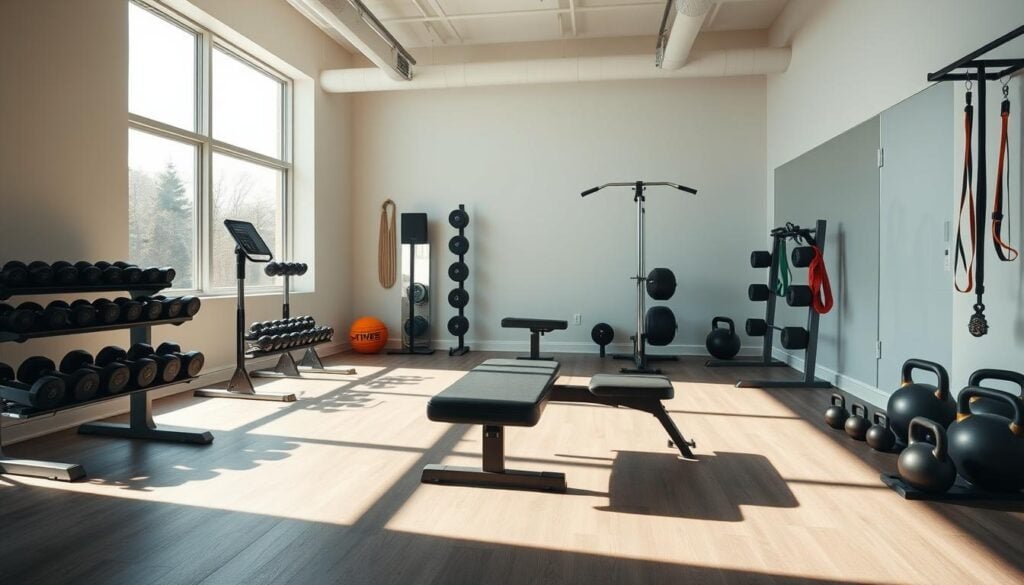 A well-equipped modern home gym with an array of strength training equipment, including dumbbells, kettlebells, resistance bands, and a workout bench. Bright, natural lighting from large windows illuminates the space, casting dramatic shadows and highlights across the scene. The minimalist, contemporary design features clean lines and neutral tones, creating a serene, focused atmosphere. A professional-quality camera captures the scene, showcasing the versatile exercise options in a high-resolution, cinematic style.