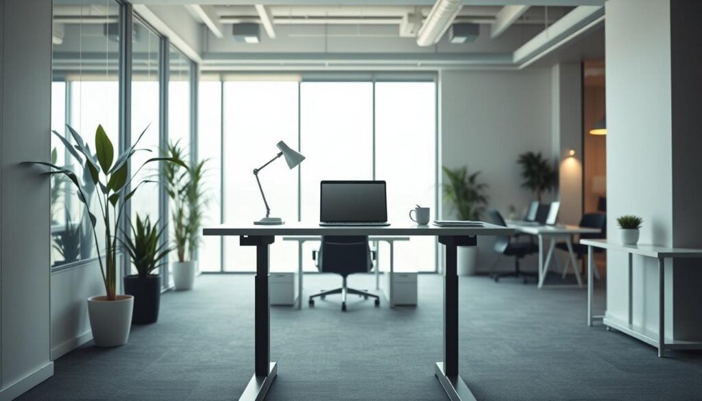 A well-lit, contemporary office setting with a sleek, minimalist standing desk as the focal point. The desk is positioned against a large window, allowing natural light to pour in and illuminate the space. The desktop features a clean, uncluttered design, with a laptop, a modern desk lamp, and a few carefully placed office accessories. The background showcases a modern, open-plan office layout with other desks, plants, and subtle architectural details that complement the overall aesthetic. The overall mood is one of productivity, efficiency, and a commitment to workplace wellness. Cinematic lighting and an 8K resolution provide a high-quality, photorealistic rendering. A well-lit, contemporary office setting with a sleek, minimalist standing desk as the focal point. The desk is positioned against a large window, allowing natural light to pour in and illuminate the space. The desktop features a clean, uncluttered design, with a laptop, a modern desk lamp, and a few carefully placed office accessories. The background showcases a modern, open-plan office layout with other desks, plants, and subtle architectural details that complement the overall aesthetic. The overall mood is one of productivity, efficiency, and a commitment to workplace wellness. Cinematic lighting and an 8K resolution provide a high-quality, photorealistic rendering.