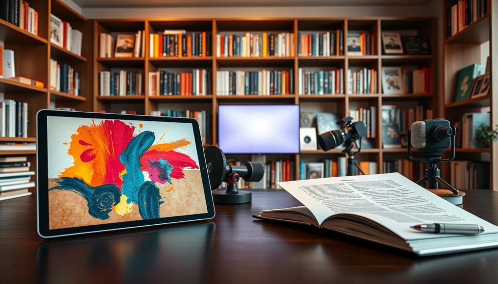 A well-lit modern office space showcases an array of digital products for writers and artists. In the foreground, a sleek tablet displays an abstract digital painting, its vibrant colors and brushstrokes commanding attention. Beside it, a minimalist laptop hosts a word processing document, the cursor blinking as a writer crafts their next masterpiece. In the middle ground, a high-resolution camera and a professional-grade microphone suggest the tools of the trade for content creators. The background is filled with shelves brimming with e-books, audiobooks, and digital art prints, all ready to be discovered and enjoyed by a discerning audience. Cinematic lighting casts a warm glow, highlighting the quality and creativity of these digital products. 8K resolution captures every detail with stunning clarity. A well-lit modern office space showcases an array of digital products for writers and artists. In the foreground, a sleek tablet displays an abstract digital painting, its vibrant colors and brushstrokes commanding attention. Beside it, a minimalist laptop hosts a word processing document, the cursor blinking as a writer crafts their next masterpiece. In the middle ground, a high-resolution camera and a professional-grade microphone suggest the tools of the trade for content creators. The background is filled with shelves brimming with e-books, audiobooks, and digital art prints, all ready to be discovered and enjoyed by a discerning audience. Cinematic lighting casts a warm glow, highlighting the quality and creativity of these digital products. 8K resolution captures every detail with stunning clarity.