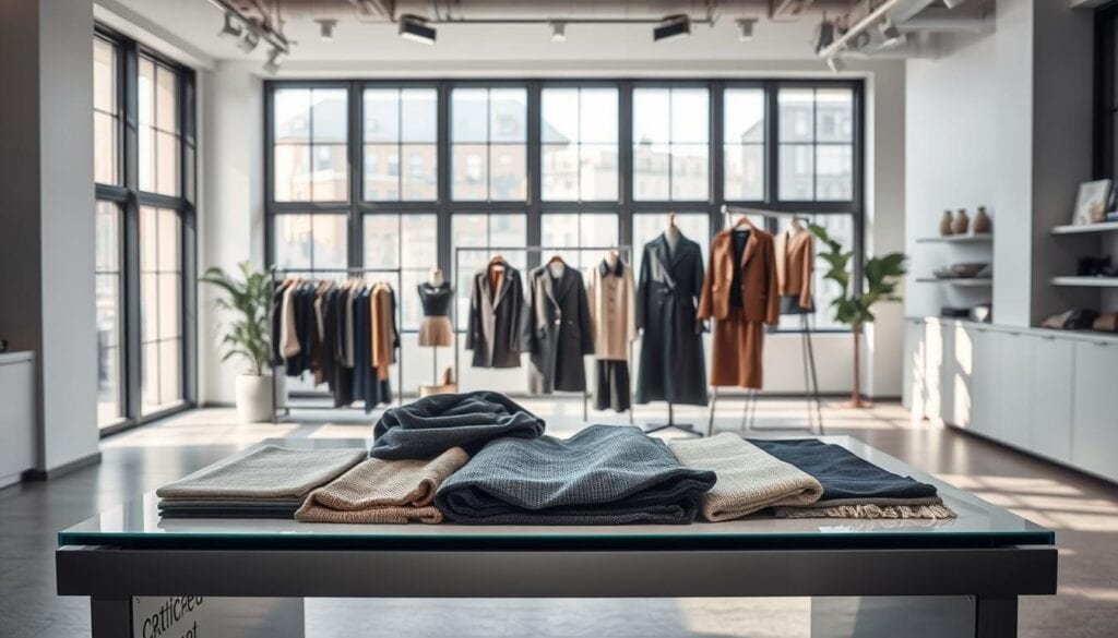A well-lit, modern office space showcasing an array of certified organic and recycled fashion materials. In the foreground, a sleek display table features various textiles and fabrics, each with a distinct texture and hue. The middle ground highlights expertly crafted garments and accessories, their sustainable origins evident in the quality and craftsmanship. The background depicts a sophisticated, minimalist setting with large windows allowing natural light to bathe the scene in a warm, cinematic glow. The overall atmosphere exudes a sense of refined elegance and eco-conscious innovation, capturing the essence of sustainable fashion for the modern professional. A well-lit, modern office space showcasing an array of certified organic and recycled fashion materials. In the foreground, a sleek display table features various textiles and fabrics, each with a distinct texture and hue. The middle ground highlights expertly crafted garments and accessories, their sustainable origins evident in the quality and craftsmanship. The background depicts a sophisticated, minimalist setting with large windows allowing natural light to bathe the scene in a warm, cinematic glow. The overall atmosphere exudes a sense of refined elegance and eco-conscious innovation, capturing the essence of sustainable fashion for the modern professional.