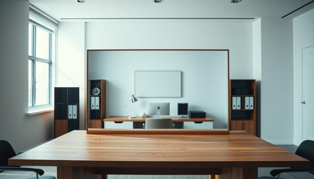 A well-lit, modern office space with a sleek, minimalist aesthetic. In the foreground, a wooden desk with a large, frameless front mirror dominates the scene. The mirror's surface reflects the meticulously arranged workspace, creating a sense of depth and introspection. Soft, cinematic lighting casts subtle shadows, highlighting the textures and materials. The overall atmosphere is one of focus, confidence, and quiet contemplation, conveying the importance of self-assessment and preparation in public speaking.