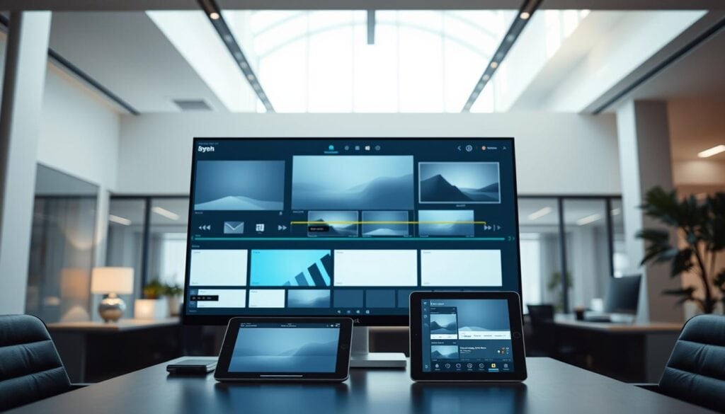 A well-lit, modern office space with sleek, minimalist furniture and high-ceilings. In the foreground, a large monitor displays various video editing templates - clean, geometric designs with subtle animations and transitions. On the desk, a tablet and smartphone showcase intuitive interfaces for customizing the templates. The lighting is cinematic, with soft, directional illumination highlighting the technology and creating a professional, polished atmosphere. The overall scene conveys efficiency, productivity, and the ease of automated video editing for a busy professional. A well-lit, modern office space with sleek, minimalist furniture and high-ceilings. In the foreground, a large monitor displays various video editing templates - clean, geometric designs with subtle animations and transitions. On the desk, a tablet and smartphone showcase intuitive interfaces for customizing the templates. The lighting is cinematic, with soft, directional illumination highlighting the technology and creating a professional, polished atmosphere. The overall scene conveys efficiency, productivity, and the ease of automated video editing for a busy professional.