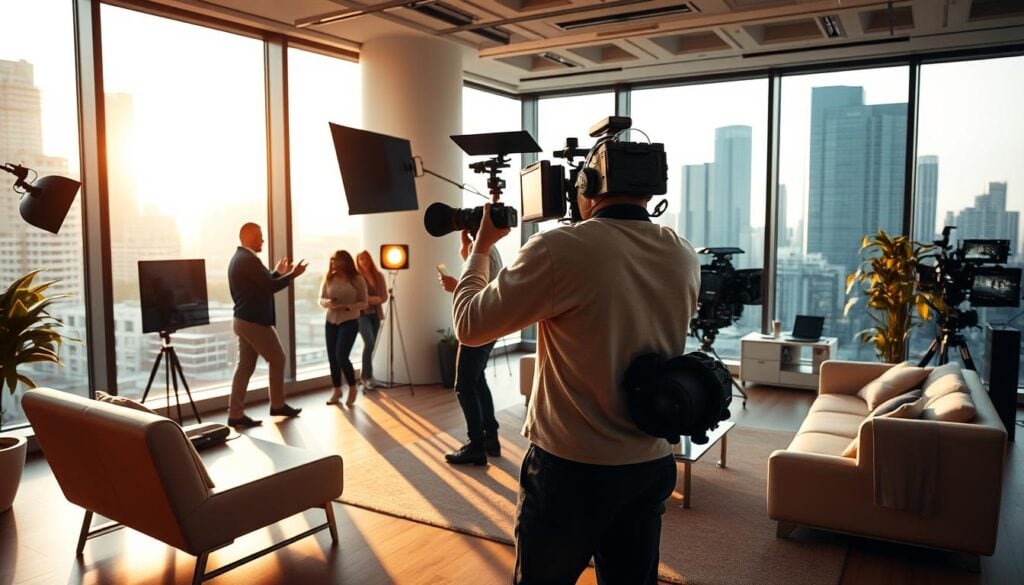 A well-lit modern office space with sleek, minimalist furniture and warm, cinematic lighting. Tall windows offer a view of a bustling city skyline, bathing the room in a soft, natural glow. A professional videographer, camera in hand, captures the dynamic movements of a team working together to produce high-quality stock footage. The scene conveys a sense of focused productivity, efficiency, and attention to detail - the key ingredients for maximizing the production value of stock videos. A well-lit modern office space with sleek, minimalist furniture and warm, cinematic lighting. Tall windows offer a view of a bustling city skyline, bathing the room in a soft, natural glow. A professional videographer, camera in hand, captures the dynamic movements of a team working together to produce high-quality stock footage. The scene conveys a sense of focused productivity, efficiency, and attention to detail - the key ingredients for maximizing the production value of stock videos.