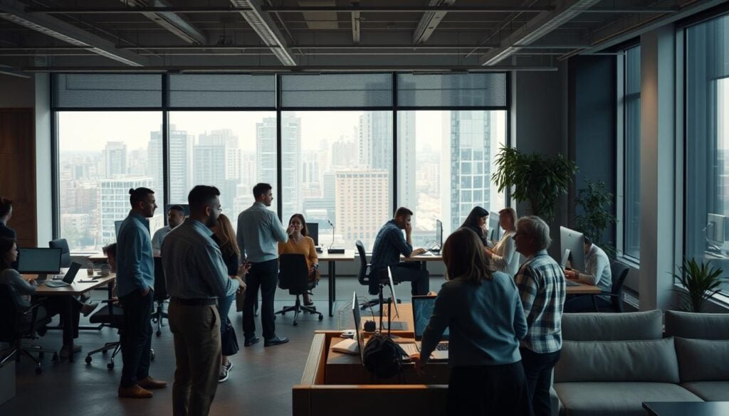 A well-organized coworking space with people collaborating in a focused yet relaxed atmosphere. Soft, directional lighting illuminates the scene, casting subtle shadows and highlighting the modern, minimalist furniture. In the foreground, a group of professionals engage in a lively discussion, their body language conveying engaged communication. In the middle ground, others work independently at their desks, immersed in their tasks. The background features a large window overlooking a bustling urban landscape, providing a sense of connectivity to the outside world. The overall mood is one of productivity and professionalism, with an undercurrent of camaraderie and shared purpose. Photorealistic, 8k resolution.