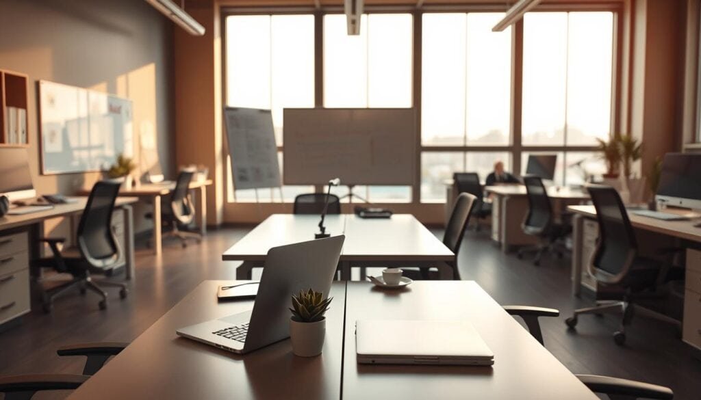 A well-organized, modern office space with clear visual boundaries between work and personal areas. Warm, cinematic lighting casts a soft glow, creating a professional yet inviting atmosphere. Sleek desks, ergonomic chairs, and minimalist decor evoke a sense of productivity and focus. In the foreground, a laptop and a succulent plant sit neatly side-by-side, symbolizing the balance between work and personal life. The middle ground features a whiteboard and task organizers, representing the tools for maintaining clear boundaries. The background showcases floor-to-ceiling windows, allowing natural light to permeate the space and inspiring a sense of openness and connection to the outside world. Photorealistic, 8k resolution.