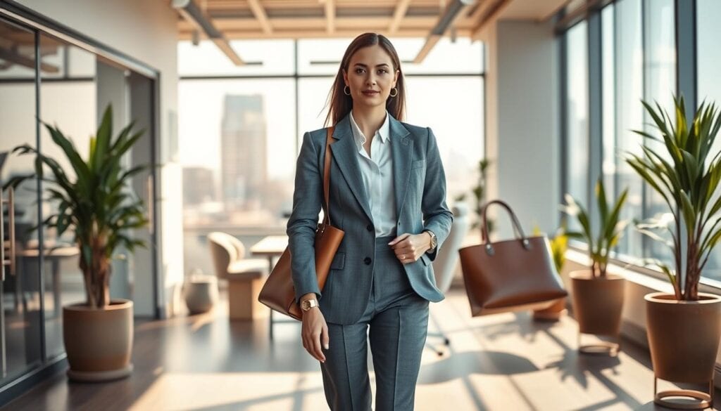 A well-styled business casual ensemble for the modern professional woman, captured in a cinematic office setting. In the foreground, a sleek gray blazer and tailored trousers, complemented by a crisp white blouse and minimalist leather pumps. The middle ground features a chic leather tote and a smartwatch, hinting at the harmonious balance of style and function. The background showcases a modern, sun-drenched office space with clean lines, potted plants, and a city skyline visible through the windows, all bathed in warm, directional lighting that casts dynamic shadows. The overall scene conveys an atmosphere of polished sophistication and effortless elegance. A well-styled business casual ensemble for the modern professional woman, captured in a cinematic office setting. In the foreground, a sleek gray blazer and tailored trousers, complemented by a crisp white blouse and minimalist leather pumps. The middle ground features a chic leather tote and a smartwatch, hinting at the harmonious balance of style and function. The background showcases a modern, sun-drenched office space with clean lines, potted plants, and a city skyline visible through the windows, all bathed in warm, directional lighting that casts dynamic shadows. The overall scene conveys an atmosphere of polished sophistication and effortless elegance.