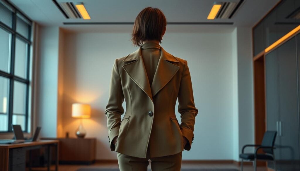 A well-tailored, statement-making outerwear jacket takes center stage in a modern, minimalist office setting. The jacket, crafted from luxurious fabrics, features bold, architectural silhouettes and striking details that command attention. Warm, cinematic lighting casts dramatic shadows, highlighting the jacket's tailored lines and high-quality construction. The scene exudes a sense of refined elegance and understated sophistication, perfectly suited for the contemporary professional woman. The jacket stands alone as the focal point, positioned against a clean, uncluttered backdrop that allows its design to shine. This photorealistic image, captured in vivid 8K resolution, showcases the jacket as an essential layering piece for the 2025 business casual wardrobe. A well-tailored, statement-making outerwear jacket takes center stage in a modern, minimalist office setting. The jacket, crafted from luxurious fabrics, features bold, architectural silhouettes and striking details that command attention. Warm, cinematic lighting casts dramatic shadows, highlighting the jacket's tailored lines and high-quality construction. The scene exudes a sense of refined elegance and understated sophistication, perfectly suited for the contemporary professional woman. The jacket stands alone as the focal point, positioned against a clean, uncluttered backdrop that allows its design to shine. This photorealistic image, captured in vivid 8K resolution, showcases the jacket as an essential layering piece for the 2025 business casual wardrobe.