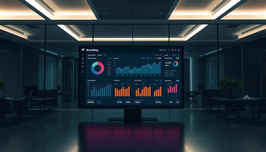 An innovative data tracking solution for the cookieless era stands out against a sleek, modern office backdrop. A central dashboard display showcases real-time analytics, with dynamic visualizations and intuitive controls. Subtle brand elements, such as the BrandMag logo, are seamlessly integrated. Cinematic lighting casts dramatic shadows, emphasizing the sophisticated, high-tech atmosphere. The scene conveys a sense of authority and adaptability in the face of evolving digital marketing challenges.