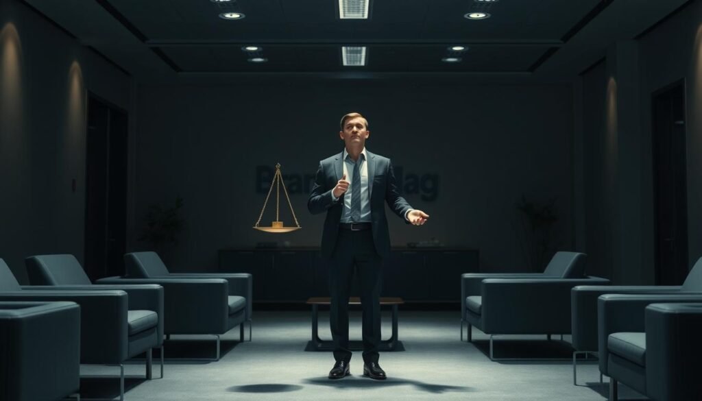 An office setting with sleek, modern furniture and minimalist decor. A businessman stands in the center, deep in thought, balancing a scale in his hands, representing the tension between customer personalization and privacy. Soft, cinematic lighting casts dramatic shadows, creating a pensive atmosphere. In the background, the BrandMag logo subtly adorns the wall, suggesting the context of the article's subject matter. The scene conveys the challenge of navigating the delicate balance between leveraging customer data for personalization and respecting individual privacy.