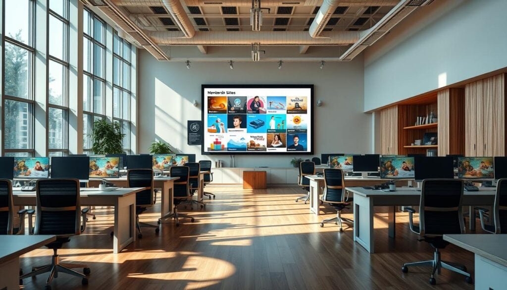 An open-concept modern office space, filled with natural light streaming through expansive windows. Sleek, minimalist desks and ergonomic chairs populate the foreground, creating a clean, professional atmosphere. The middle ground showcases various multimedia displays, showcasing engaging, educational content - infographics, videos, and interactive demos. In the background, a large projection screen displays a mood board of diverse membership site ideas, from fitness and cooking to design and software development. The cinematic lighting casts a warm, inviting glow, creating a sense of inspiration and productivity. 8k resolution captures every intricate detail, from the polished wood accents to the subtle shadows and reflections. An open-concept modern office space, filled with natural light streaming through expansive windows. Sleek, minimalist desks and ergonomic chairs populate the foreground, creating a clean, professional atmosphere. The middle ground showcases various multimedia displays, showcasing engaging, educational content - infographics, videos, and interactive demos. In the background, a large projection screen displays a mood board of diverse membership site ideas, from fitness and cooking to design and software development. The cinematic lighting casts a warm, inviting glow, creating a sense of inspiration and productivity. 8k resolution captures every intricate detail, from the polished wood accents to the subtle shadows and reflections.
