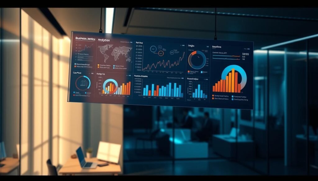 Photorealistic business analytics dashboard floating above a sleek, modern office space. Cinematic lighting casts dramatic shadows, illuminating intricate data visualizations and dynamic charts. The scene conveys a sense of analytical precision and technological sophistication, perfectly suited to illustrate "Utilizing Data Analytics to Optimize Copy Performance." The image should convey a mood of professional excellence and data-driven decision making, capturing the essence of the article's subject matter in an 8K, photorealistic rendering.