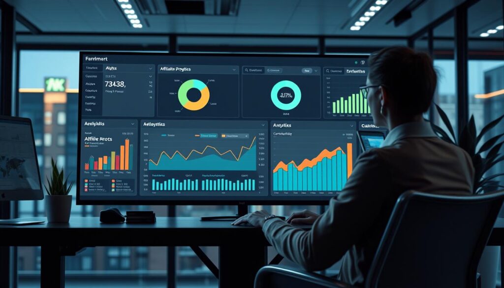 Photorealistic business analytics dashboard, modern office interior with cinematic lighting, analyzing affiliate program metrics and commission rates for the BrandMag article, 8k, no text Photorealistic business analytics dashboard, modern office interior with cinematic lighting, analyzing affiliate program metrics and commission rates for the BrandMag article, 8k, no text