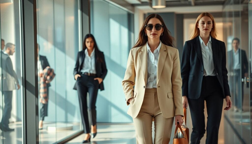 Photorealistic business casual fashion trends for women in a modern office setting. Showcase a well-curated selection of stylish yet professional attire, including tailored blazers, crisp button-up shirts, sleek trousers, and sophisticated accessories. Bathe the scene in cinematic lighting that highlights the textures and details of the clothing. Capture the essence of evolving style and a forward-thinking aesthetic for the year 2025, in high-resolution 8k detail. Photorealistic business casual fashion trends for women in a modern office setting. Showcase a well-curated selection of stylish yet professional attire, including tailored blazers, crisp button-up shirts, sleek trousers, and sophisticated accessories. Bathe the scene in cinematic lighting that highlights the textures and details of the clothing. Capture the essence of evolving style and a forward-thinking aesthetic for the year 2025, in high-resolution 8k detail.