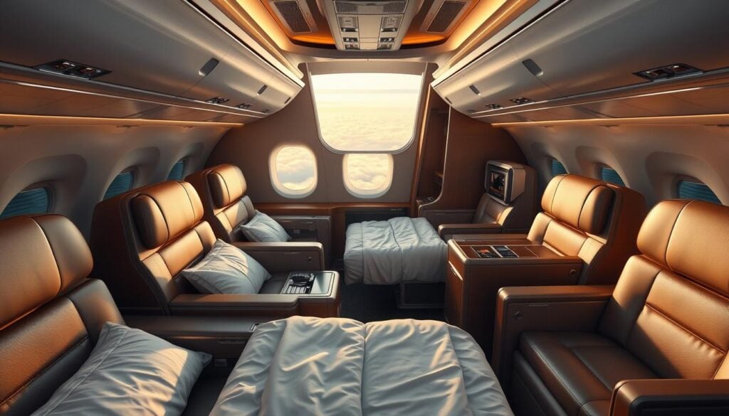 Photorealistic business class cabin with plush leather seats, convertible lie-flat beds, and personal entertainment systems. Sleek wooden accents and brushed metal surfaces create an atmosphere of refined luxury. Soft, cinematic lighting casts dramatic shadows, illuminating the spacious cabin's elegant design. A panoramic window affords breathtaking views of the clouds below, evoking a sense of elevated, first-class travel. The scene is captured in stunning 8K resolution, showcasing every intricate detail with precision and clarity. Photorealistic business class cabin with plush leather seats, convertible lie-flat beds, and personal entertainment systems. Sleek wooden accents and brushed metal surfaces create an atmosphere of refined luxury. Soft, cinematic lighting casts dramatic shadows, illuminating the spacious cabin's elegant design. A panoramic window affords breathtaking views of the clouds below, evoking a sense of elevated, first-class travel. The scene is captured in stunning 8K resolution, showcasing every intricate detail with precision and clarity.