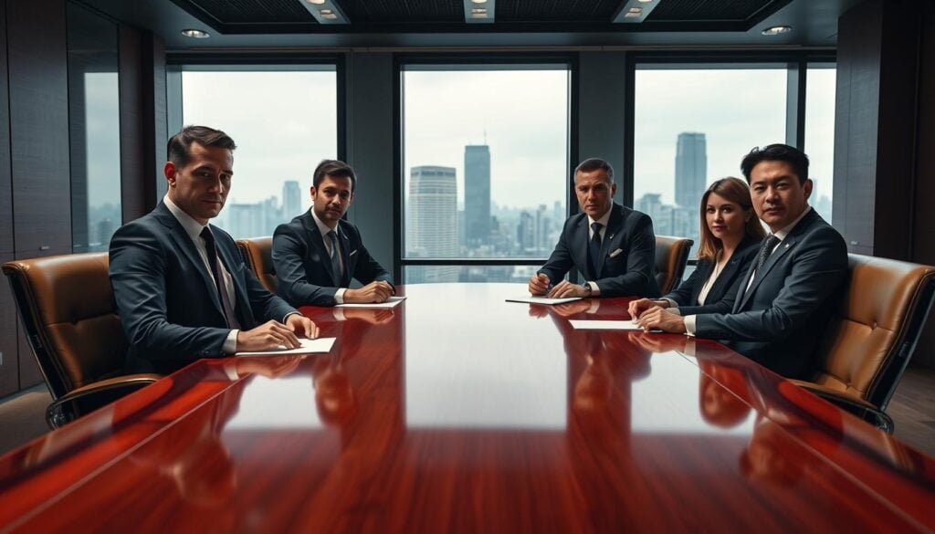 Photorealistic business executives in a modern, well-lit office space. Dramatic cinematic lighting casts bold shadows, illuminating the confident, focused expressions of the leadership team as they discuss a management buyout strategy. The boardroom table is a gleaming mahogany, surrounded by sleek leather chairs and floor-to-ceiling windows offering a cityscape view. An air of professionalism and determination permeates the scene, hinting at the high-stakes decisions being made to steer the company's future. Crisp 8K resolution captures every nuanced detail.