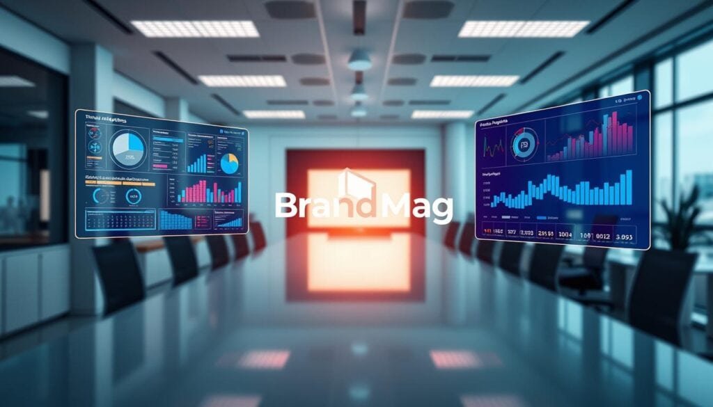 Photorealistic business infographics in a modern office setting, with cinematic lighting and detailed 8k resolution. Interactive data visualizations and charts float in the foreground, surrounded by a clean, minimalist workspace. The "BrandMag" logo is subtly integrated into the design. Vibrant colors and sleek interfaces create an engaging, immersive experience that draws the viewer in. The overall mood is one of professionalism, innovation, and cutting-edge technology. Photorealistic business infographics in a modern office setting, with cinematic lighting and detailed 8k resolution. Interactive data visualizations and charts float in the foreground, surrounded by a clean, minimalist workspace. The "BrandMag" logo is subtly integrated into the design. Vibrant colors and sleek interfaces create an engaging, immersive experience that draws the viewer in. The overall mood is one of professionalism, innovation, and cutting-edge technology.