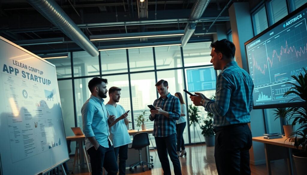 Photorealistic business landscape, a modern office environment illuminated by cinematic lighting. In the foreground, entrepreneurs collaborating on a whiteboard, discussing lean startup concepts. In the middle ground, developers testing a new mobile app, iterating rapidly. In the background, a CEO reviewing financial data on a large display, tracking key metrics. Captured in stunning 8K resolution, this image conveys the energy, collaboration, and data-driven decision making that define successful lean startup applications in the real world. Photorealistic business landscape, a modern office environment illuminated by cinematic lighting. In the foreground, entrepreneurs collaborating on a whiteboard, discussing lean startup concepts. In the middle ground, developers testing a new mobile app, iterating rapidly. In the background, a CEO reviewing financial data on a large display, tracking key metrics. Captured in stunning 8K resolution, this image conveys the energy, collaboration, and data-driven decision making that define successful lean startup applications in the real world.