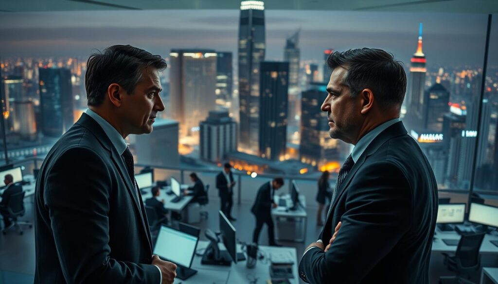 Photorealistic business landscape depicting a competitive market analysis. In the foreground, two businesspeople engaged in a tense negotiation, their expressions and body language conveying the intensity of the situation. The middle ground showcases a bustling open-plan office, with employees working at sleek desks under the glow of cinematic lighting. In the background, a towering city skyline with towering skyscrapers, symbolizing the expansive and cutthroat nature of the market. The entire scene is rendered in vivid, photorealistic detail at 8k resolution, capturing the high-stakes drama of a crowded, competitive business environment. Photorealistic business landscape depicting a competitive market analysis. In the foreground, two businesspeople engaged in a tense negotiation, their expressions and body language conveying the intensity of the situation. The middle ground showcases a bustling open-plan office, with employees working at sleek desks under the glow of cinematic lighting. In the background, a towering city skyline with towering skyscrapers, symbolizing the expansive and cutthroat nature of the market. The entire scene is rendered in vivid, photorealistic detail at 8k resolution, capturing the high-stakes drama of a crowded, competitive business environment.