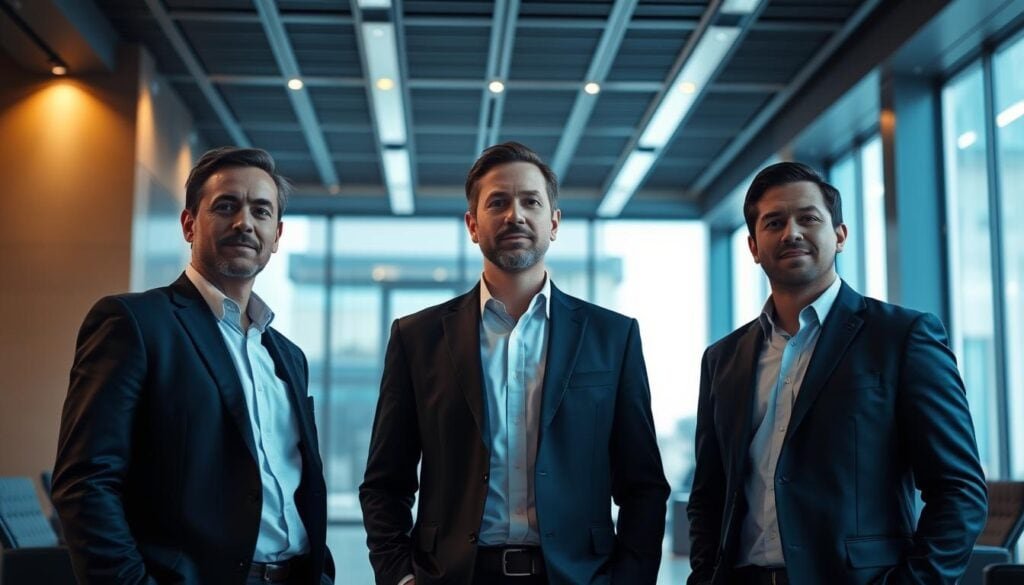Photorealistic business leaders standing in a modern, sleek office space, their faces illuminated by cinematic lighting, conveying a sense of confidence and professionalism. The scene captures the essence of an engaging speech opener, with the speakers poised to command the attention of their audience. The image is crisp and detailed, capturing every nuance of the moment in stunning 8k resolution, without any distracting text or overlays.