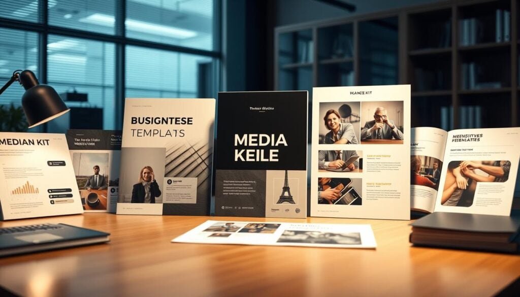 Photorealistic business media kit templates displayed on a modern office desk, illuminated by cinematic lighting. The templates feature sleek designs, high-quality imagery, and clean layouts that capture the professionalism of the brand. The scene is captured in an 8K resolution, showcasing the intricate details and high-quality presentation of the media kit options. Photorealistic business media kit templates displayed on a modern office desk, illuminated by cinematic lighting. The templates feature sleek designs, high-quality imagery, and clean layouts that capture the professionalism of the brand. The scene is captured in an 8K resolution, showcasing the intricate details and high-quality presentation of the media kit options.