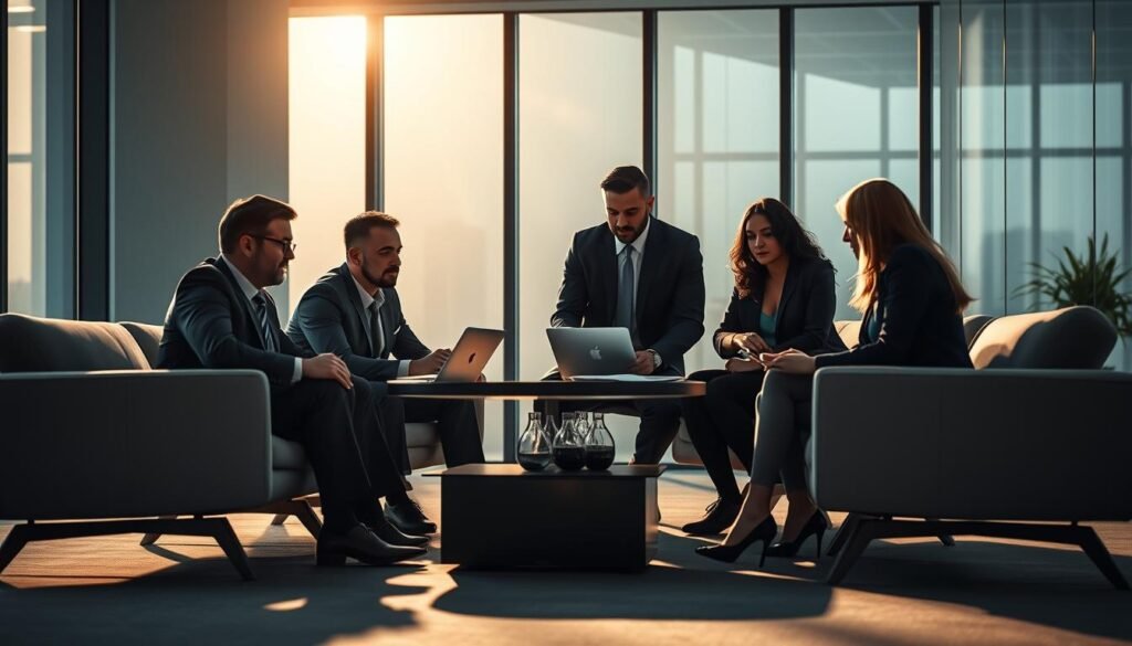 Photorealistic business meeting in a modern, minimalist office setting. Cinematic lighting casts dramatic shadows, highlighting the key decision-makers engaged in a high-stakes discussion. Sleek, angular furniture and floor-to-ceiling windows create an atmosphere of professionalism and authority. The participants lean in, expressions intense, as they navigate the intricate control and involvement dynamics of their investment process. Subtle details, such as laptops and financial documents, convey the gravity of the situation. Captured in 8K resolution, this image exudes a sense of power, clarity, and deliberation.