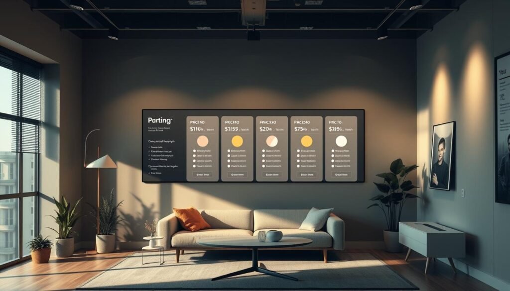 Modern office lounge with digital signage and seating.