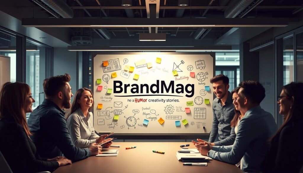 Photorealistic business office, modern and sleek interior design with clean lines and muted tones. Cinematic lighting creates dramatic shadows and highlights, evoking a sense of creativity and playfulness. In the center, a whiteboard displays the BrandMag logo, surrounded by colorful sticky notes, markers, and sketched ideas, capturing the spirit of "humor creativity stories". Employees gathered around, brainstorming and laughing, their expressions animated and full of energy. An atmosphere of collaboration and innovation, where the boundaries between work and play blur, inspiring engaging brand narratives. Detailed, 8k resolution.