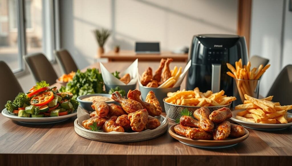 Photorealistic business office setting, modern and minimalist design. A wooden table with various air fryer snacks arranged neatly - crispy roasted vegetables, juicy chicken wings, and perfectly crisped fries. Cinematic lighting casts dramatic shadows, highlighting the textures and colors of the dishes. The scene is shot from a slightly elevated angle, creating a sense of depth and emphasizing the appetizing spread. The atmosphere is clean, inviting, and focused on showcasing the versatility and convenience of air fryer cooking for quick and healthy office snacks. Photorealistic business office setting, modern and minimalist design. A wooden table with various air fryer snacks arranged neatly - crispy roasted vegetables, juicy chicken wings, and perfectly crisped fries. Cinematic lighting casts dramatic shadows, highlighting the textures and colors of the dishes. The scene is shot from a slightly elevated angle, creating a sense of depth and emphasizing the appetizing spread. The atmosphere is clean, inviting, and focused on showcasing the versatility and convenience of air fryer cooking for quick and healthy office snacks.