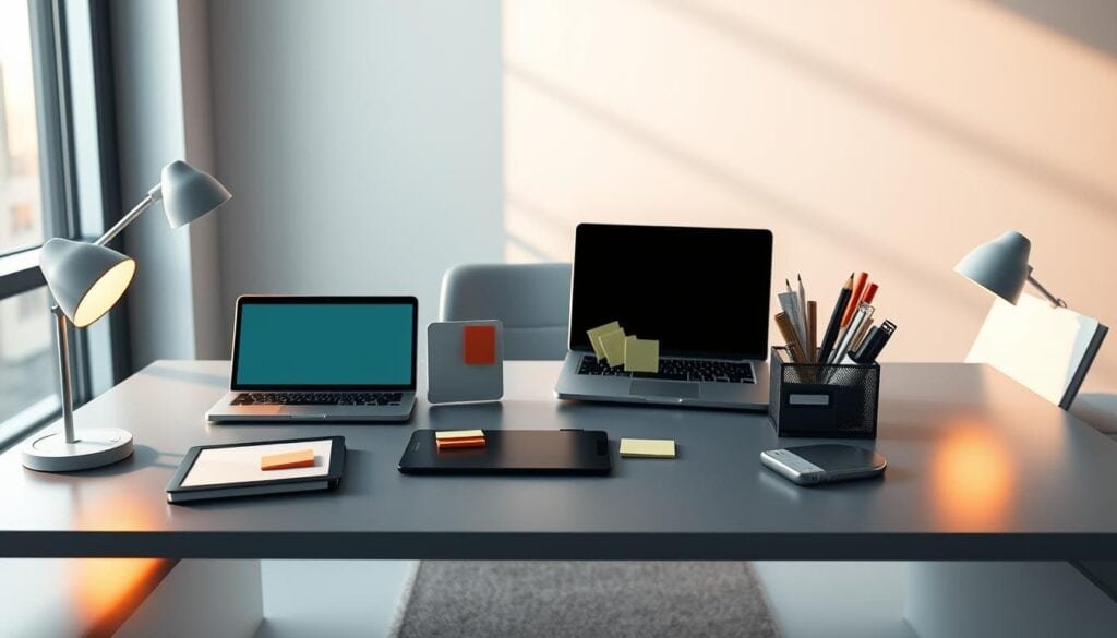 Photorealistic business office setting with an assortment of project management tools arranged on a sleek, contemporary desk. Soft, cinematic lighting casts warm, directional shadows, emphasizing the clean, minimalist aesthetic. The tools, including a laptop, digital tablet, sticky notes, and a desk organizer, are positioned in a deliberate, visually appealing manner, reflecting the strategic focus of the "Key Strategies for Freelance to Agency Growth" section. The overall mood is one of efficiency, organization, and professionalism, capturing the essence of the article's subject matter.