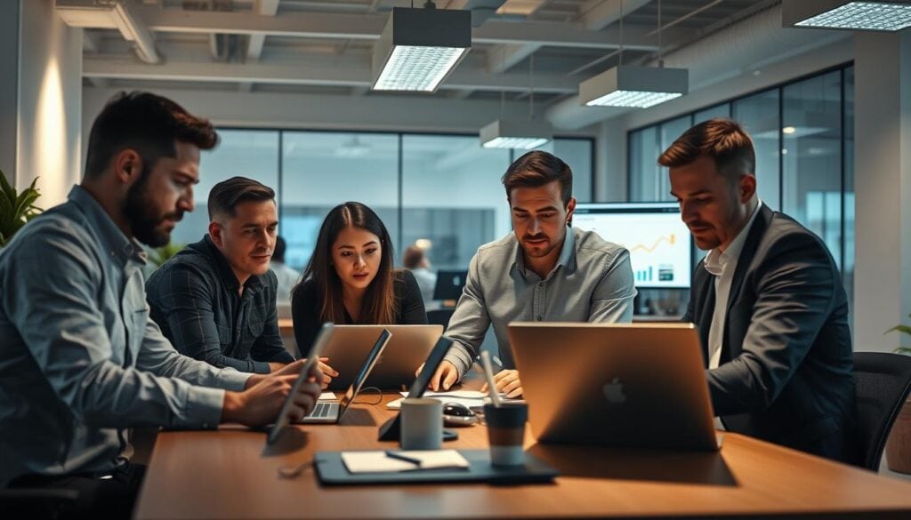 Photorealistic business office with a team of professionals gathered around a table, studying data and charts on their laptop screens. Cinematic lighting from overhead and floor-level fixtures casts dramatic shadows, illuminating their intense expressions as they collaborate on implementing lean startup methodologies. The modern, minimalist decor features clean lines and neutral tones, creating a focused, productive atmosphere. The scene is captured in vivid 8K detail, showcasing the nuances of their body language and the dynamic energy of the workspace. Photorealistic business office with a team of professionals gathered around a table, studying data and charts on their laptop screens. Cinematic lighting from overhead and floor-level fixtures casts dramatic shadows, illuminating their intense expressions as they collaborate on implementing lean startup methodologies. The modern, minimalist decor features clean lines and neutral tones, creating a focused, productive atmosphere. The scene is captured in vivid 8K detail, showcasing the nuances of their body language and the dynamic energy of the workspace.