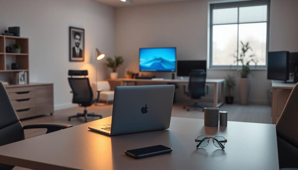 Photorealistic business office with modern ergonomic furniture and sleek technology accessories. Cinematic lighting casts a warm glow, highlighting a desk with a laptop, smartphone, and blue light blocking glasses. The scene conveys a sense of productivity and focus, with attention given to managing digital devices for improved sleep quality. The room is spacious and minimalist, with clean lines and muted tones creating a calming, restful atmosphere. Captured in high resolution, 8k detail.