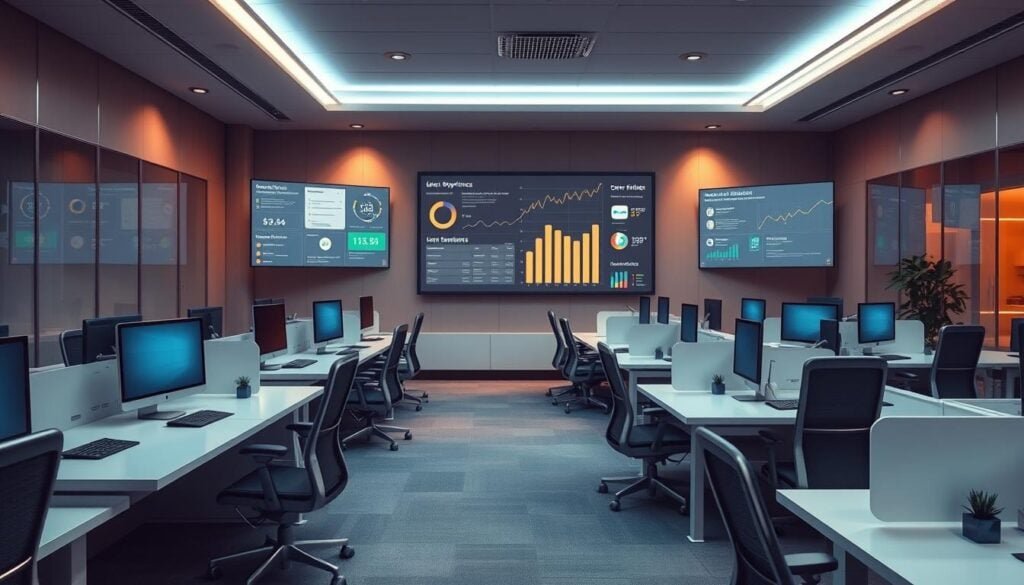 Photorealistic business office with modern, sleek workstations and ergonomic chairs. Cinematic lighting casts a warm, inviting glow across the scene, highlighting the clean, minimalist design. In the background, a large screen displays various user experience metrics and feedback platforms, offering a glimpse into the data-driven approach to improving customer satisfaction. The overall atmosphere conveys a sense of professionalism and efficiency, reflecting the high-quality press release distribution services on offer. 8k resolution for exceptional detail.