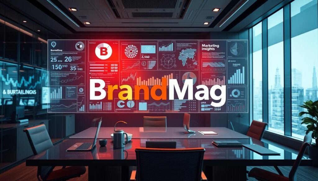 Photorealistic business office with sleek, modern furniture and equipment. Cinematic lighting accentuates a large holographic display showcasing data visualizations and market insights. In the foreground, the "BrandMag" logo is prominently featured, surrounded by an array of analytical charts, graphs, and infographics. The scene evokes a sense of data-driven decision making and cutting-edge neuromarketing strategies.