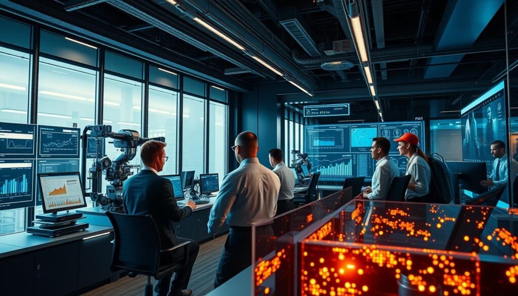 Photorealistic business office with sleek, modern interior design. A team of professionals collaborating on a cutting-edge AI-powered customer experience platform, BrandMag. Cinematic lighting creates a warm, inviting atmosphere as they monitor real-time analytics and adjust automated workflows. Intricate machinery and holographic displays showcase the advanced technology driving omnichannel marketing efficiency. The scene conveys a sense of innovation, productivity, and the seamless integration of human expertise with AI automation. Photorealistic business office with sleek, modern interior design. A team of professionals collaborating on a cutting-edge AI-powered customer experience platform, BrandMag. Cinematic lighting creates a warm, inviting atmosphere as they monitor real-time analytics and adjust automated workflows. Intricate machinery and holographic displays showcase the advanced technology driving omnichannel marketing efficiency. The scene conveys a sense of innovation, productivity, and the seamless integration of human expertise with AI automation.