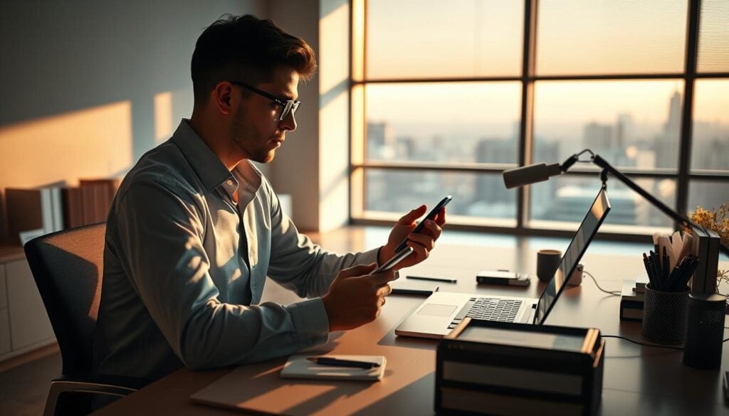 Photorealistic business person sitting at a neatly organized desk, surrounded by office supplies and a laptop, deep in thought while balancing a smartphone in their hand. Soft, cinematic lighting illuminates the scene, casting warm, directional shadows. The background features a minimalist, modern office space with large windows overlooking a cityscape. The atmosphere is one of focus, productivity, and a desire to find a healthy work-life balance. 8k resolution, no text. Photorealistic business person sitting at a neatly organized desk, surrounded by office supplies and a laptop, deep in thought while balancing a smartphone in their hand. Soft, cinematic lighting illuminates the scene, casting warm, directional shadows. The background features a minimalist, modern office space with large windows overlooking a cityscape. The atmosphere is one of focus, productivity, and a desire to find a healthy work-life balance. 8k resolution, no text.