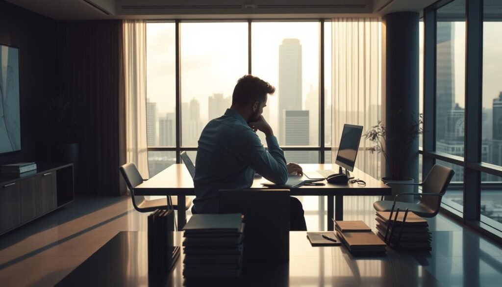 Business professional working on laptop in office.