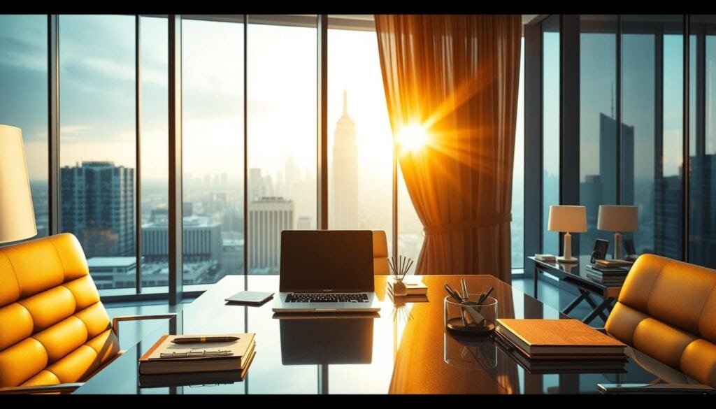 Photorealistic business scene, a modern, well-lit office interior with sleek, contemporary furnishings. Warm, cinematic lighting illuminates the scene, casting dramatic shadows and highlights. On a glass-topped desk, a laptop and various office supplies are neatly arranged, suggesting a professional setting. In the background, a large window offers a panoramic view of a city skyline, adding depth and a sense of scale. The overall atmosphere is one of refinement, efficiency, and contemplation, inviting the viewer to imagine themselves evaluating and choosing the best online therapy platform for their professional needs. Photorealistic business scene, a modern, well-lit office interior with sleek, contemporary furnishings. Warm, cinematic lighting illuminates the scene, casting dramatic shadows and highlights. On a glass-topped desk, a laptop and various office supplies are neatly arranged, suggesting a professional setting. In the background, a large window offers a panoramic view of a city skyline, adding depth and a sense of scale. The overall atmosphere is one of refinement, efficiency, and contemplation, inviting the viewer to imagine themselves evaluating and choosing the best online therapy platform for their professional needs.