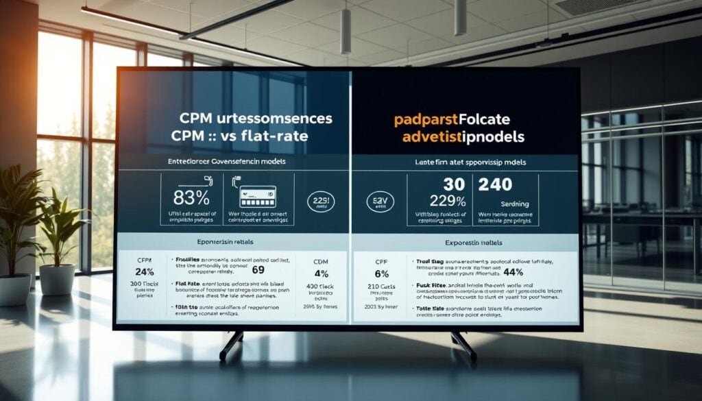 Photorealistic business scene depicting a modern office with cinematic lighting. In the foreground, a large display showcases the key differences between CPM and flat-rate sponsorship models, with detailed statistics and visuals. In the middle ground, executives from BrandMag discuss the models, their advantages, and the implications for podcast advertising in 2025. The background features a sleek, contemporary office space with large windows, allowing natural light to filter in and create a sense of professionalism and sophistication. The scene is captured in crisp 8K resolution, conveying a high-quality, authoritative representation of the topic.