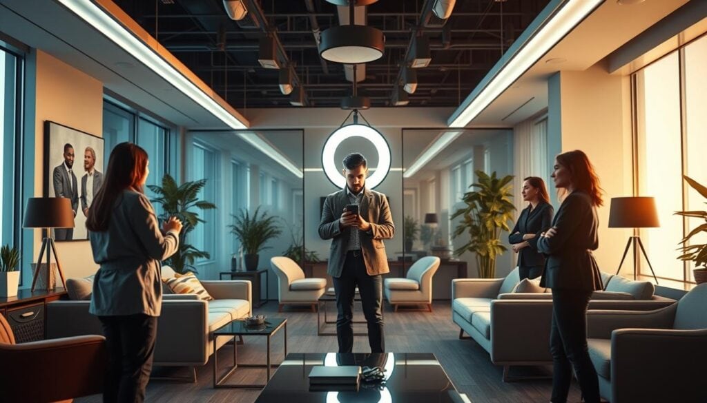 Photorealistic business scene depicting best practices for Instagram Live streaming. A modern, well-appointed office space with stylish furniture, sleek technology, and cinematic lighting. In the center, an influencer stands before a ring light, smartphone in hand, deep in concentration as they engage with their virtual audience. Surrounding them, a team of experts collaborates, monitoring analytics and offering guidance. The atmosphere is focused, professional, and visually striking, capturing the essence of successful Instagram Live content creation. Rendered in meticulous detail at 8K resolution.