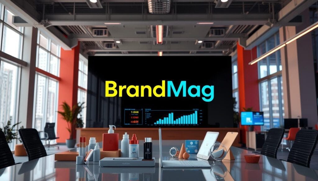Photorealistic business scene depicting modern office space with cinematic lighting. Stylish "BrandMag" logo visible on digital display, showcasing influencer marketing strategies. Vibrant colors, clean lines, and sleek design elements create a professional, high-tech atmosphere. Carefully arranged product placement, social media icons, and digital analytics dashboards in the foreground. Vast open-concept workspace with large windows in the background, reflecting the future of social commerce. 8k resolution for exceptional detail. Photorealistic business scene depicting modern office space with cinematic lighting. Stylish "BrandMag" logo visible on digital display, showcasing influencer marketing strategies. Vibrant colors, clean lines, and sleek design elements create a professional, high-tech atmosphere. Carefully arranged product placement, social media icons, and digital analytics dashboards in the foreground. Vast open-concept workspace with large windows in the background, reflecting the future of social commerce. 8k resolution for exceptional detail.