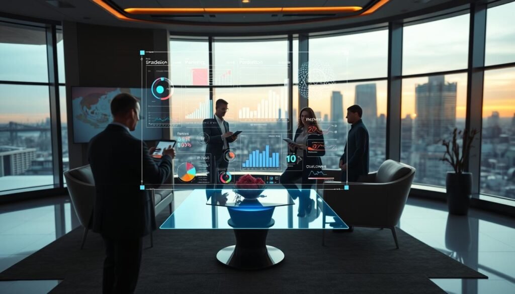 Photorealistic business scene depicting predictive marketing data insights for BrandMag. A modern, elegant office interior with sleek furniture, large windows, and cinematic lighting. In the foreground, a holographic display projects colorful data visualizations and trend analysis. In the middle ground, a team of analysts review insights on tablet devices. The background shows a cityscape view through the windows, conveying a sense of scale and forward-thinking technology. Rendered in 8k resolution for maximum detail. Photorealistic business scene depicting predictive marketing data insights for BrandMag. A modern, elegant office interior with sleek furniture, large windows, and cinematic lighting. In the foreground, a holographic display projects colorful data visualizations and trend analysis. In the middle ground, a team of analysts review insights on tablet devices. The background shows a cityscape view through the windows, conveying a sense of scale and forward-thinking technology. Rendered in 8k resolution for maximum detail.