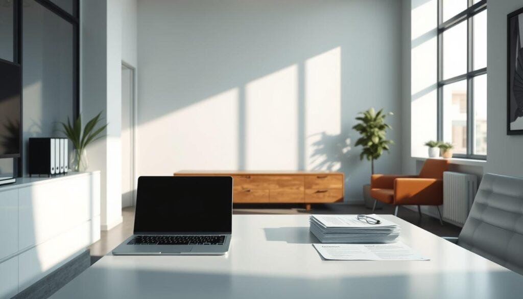 Photorealistic business scene depicting the concept of "DRM legal compliance". A modern, minimalist office interior with clean lines and sleek furniture. Cinematic lighting casts dramatic shadows, highlighting the professional atmosphere. On the desk, a laptop and a stack of legal documents symbolize the complexities of navigating digital rights management. The room conveys a sense of thoughtfulness and attention to detail, reflecting the careful consideration required when addressing DRM-related legal considerations. Rendered in 8K resolution for maximum detail and clarity.