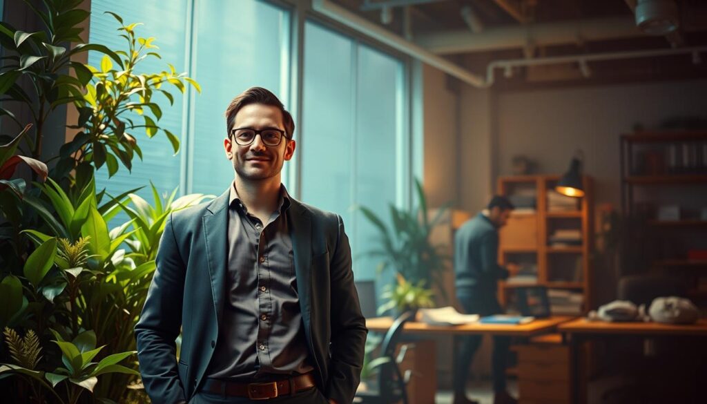 Photorealistic business scene depicting the contrast between a growth mindset and a fixed mindset for entrepreneurs. In the foreground, a confident entrepreneur embodies a growth mindset, standing tall with an expression of determination, surrounded by flourishing plants and vibrant colors. In the background, a hunched figure symbolizes the fixed mindset, trapped in a dimly lit, cluttered office space, lacking the drive and adaptability of their counterpart. Cinematic lighting accentuates the distinction, creating a sense of depth and drama. The scene conveys the transformative power of mindset in the pursuit of entrepreneurial success. 8k resolution.
