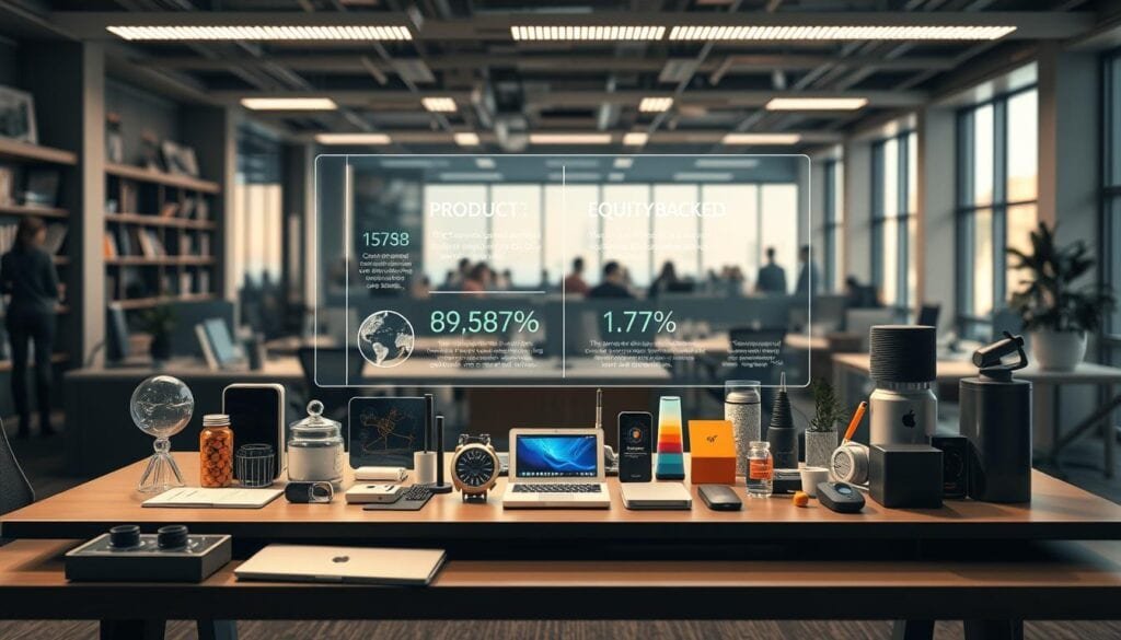 Photorealistic business scene depicting the types of crowdfunding. In the foreground, a variety of innovative products arranged on a sleek, modern office desk, showcasing the diverse range of crowd-backed ventures. In the middle ground, a holographic display highlights the key features of product and equity crowdfunding, with detailed visualizations and statistics. The background features a panoramic view of a bustling open-plan office, bathed in cinematic lighting that creates a sense of professionalism and growth. The overall atmosphere conveys the excitement and potential of crowdsourcing as a powerful tool for building successful businesses. Rendered in 8k resolution for exceptional detail and clarity. Photorealistic business scene depicting the types of crowdfunding. In the foreground, a variety of innovative products arranged on a sleek, modern office desk, showcasing the diverse range of crowd-backed ventures. In the middle ground, a holographic display highlights the key features of product and equity crowdfunding, with detailed visualizations and statistics. The background features a panoramic view of a bustling open-plan office, bathed in cinematic lighting that creates a sense of professionalism and growth. The overall atmosphere conveys the excitement and potential of crowdsourcing as a powerful tool for building successful businesses. Rendered in 8k resolution for exceptional detail and clarity.