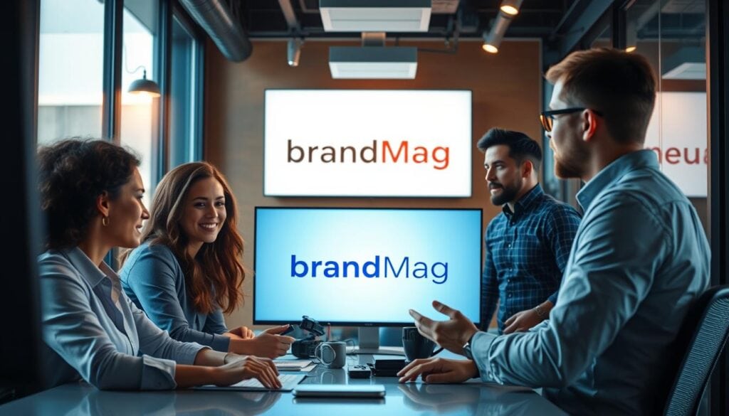 Photorealistic business scene in a modern office, featuring innovative video content strategies in action. Cinematic lighting illuminates the dynamic workspace, with a large screen displaying the BrandMag logo prominently. Employees collaborate, ideating and editing video content, their expressions focused and engaged. The scene conveys a sense of creativity, technology, and forward-thinking in the world of video marketing. Captured in stunning 8k resolution, this image evokes the energy and innovation of the future of video content strategies for small businesses. Photorealistic business scene in a modern office, featuring innovative video content strategies in action. Cinematic lighting illuminates the dynamic workspace, with a large screen displaying the BrandMag logo prominently. Employees collaborate, ideating and editing video content, their expressions focused and engaged. The scene conveys a sense of creativity, technology, and forward-thinking in the world of video marketing. Captured in stunning 8k resolution, this image evokes the energy and innovation of the future of video content strategies for small businesses.