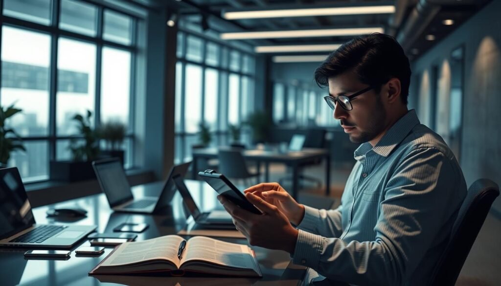 Photorealistic business scene in a modern office setting, bathed in cinematic lighting. In the foreground, a person intently analyzing a tablet, immersed in digital media verification. The middle ground showcases a collection of devices - laptops, smartphones, and an open notebook, symbolizing the tools of digital literacy. In the background, a sleek, minimalist workspace with clean lines and subtle hints of technology. An atmosphere of focus, diligence, and the pursuit of truth through informed digital practices. Captured in stunning 8k resolution. Photorealistic business scene in a modern office setting, bathed in cinematic lighting. In the foreground, a person intently analyzing a tablet, immersed in digital media verification. The middle ground showcases a collection of devices - laptops, smartphones, and an open notebook, symbolizing the tools of digital literacy. In the background, a sleek, minimalist workspace with clean lines and subtle hints of technology. An atmosphere of focus, diligence, and the pursuit of truth through informed digital practices. Captured in stunning 8k resolution.